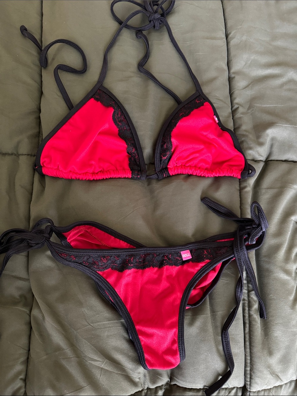 Red Triangle Lace-Trim Tie-Side Bikini